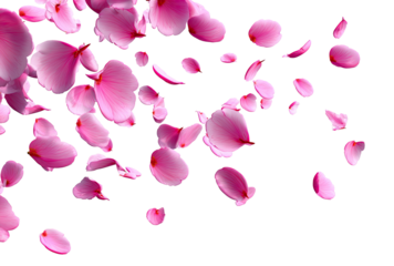 Pink flower petals in flight. A vibrant display of delicate, pink petals, seemingly suspended in mid-air, strewn across a black background