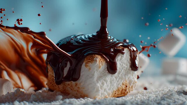 Chocolate sauce on marshmallow shooting with high speed camera, phantom flex.