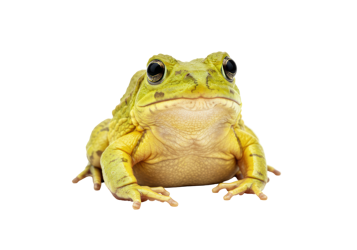 Isolated grumpy amphibian looking at the camera from ground level, studio shot, centered