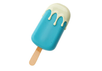 Isolated turquoise ice cream on a stick with dripping cream frosting on top, dessert treat