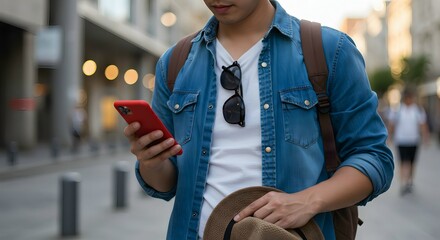 Stylish young man planning his city adventure on his phone, wearing casual denim shirt and sunglasses, ready to explore new places and capture vibrant travel moments