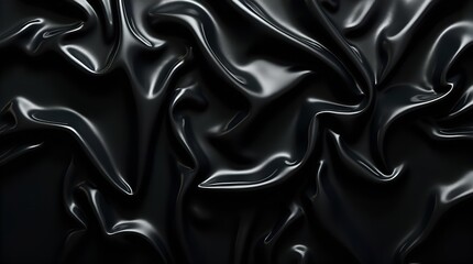Obraz premium Deep black glossy fabric elegantly draped, showcasing smooth, reflective folds and a luxurious, fluid texture. An abstract, dark background ideal for high-end design and fashion visuals.