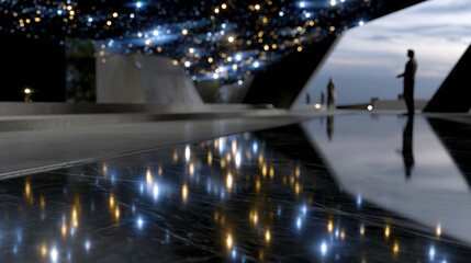 The image showcases a futuristic indoor space with a starry ceiling, reflecting light on a polished surface, creating a mesmerizing atmosphere of tranquility and wonder.