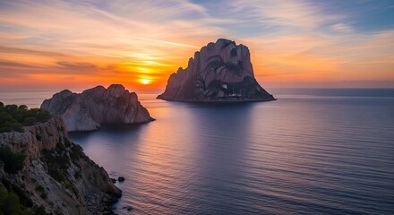 Stunning Sunset Over Ibiza Rocks.