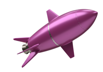 Isolated stylized vintage pink metal rocket taking off, 3D rendered, ready for space launch