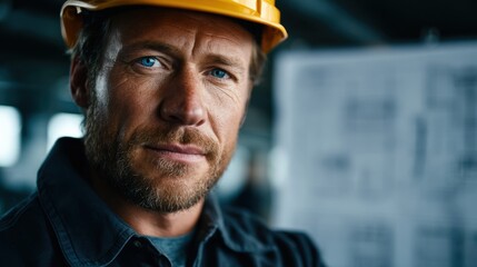 Confident construction worker with a hard hat, standing before detailed blueprints, conveys expertise and precision in construction planning.