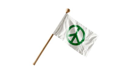 White flag with green peace symbol, on wooden stick