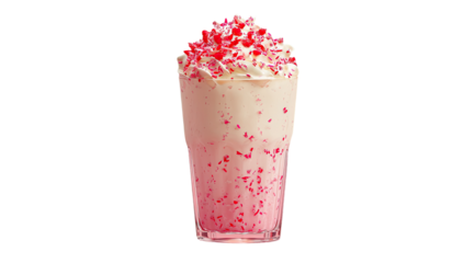 A tall, clear glass filled with a creamy, light-pink milkshake.  A swirl of pale pink and white liquid creates a layered effect.  