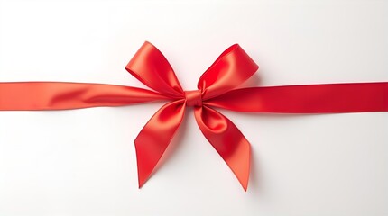 Fototapeta premium Luxurious Red Satin Ribbon Bow Tied Neatly and Horizontally on a Bright White Background, Perfect for Elegant Gift Wrapping, Holiday Presents, and Festive Celebrations