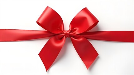 Luxurious vibrant red satin gift bow tied neatly with a glossy horizontal ribbon, isolated on a clean white background, ideal for festive presents, holiday decorations, and elegant designs.