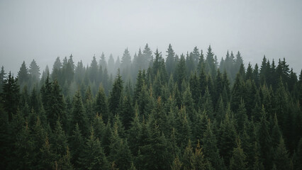 Foggy conifer forest landscape with dense green trees and misty natural atmosphere