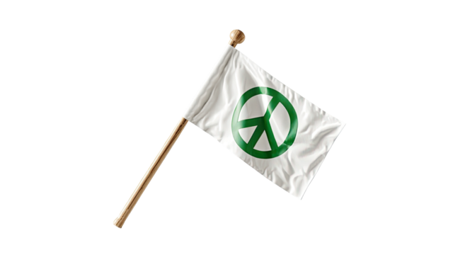 White flag with green peace symbol, on wooden stick