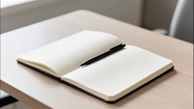 Open notebook and pen on wooden desk in bright workspace. Notebook features blank pages ready for notes or sketches with a sleek pen positioned on top. Ideal for creative projects, writing,