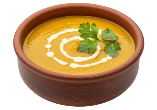Isolated bowl of delicious butternut squash soup, garnished with cilantro and cream swirl