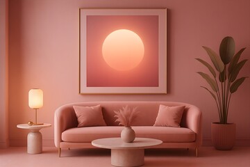 Contemporary living room with coral sofa abstract sun wall art minimal stylish interior warm design pink tones wallpaper, half white sun frame artwork