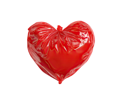 A vibrant, glossy, red heart-shaped balloon, deflated, with wrinkled, puckered surface