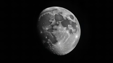 Detailed Black and White Astrophotography of the Gibbous Moon, a High-Resolution Image Capturing Lunar Craters, Maria, Shadows, and the Terminator Line.