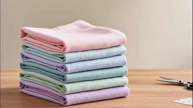 Pastel fabrics neatly stacked with soft colors on wooden table, showcasing sewing materials and craft essentials for projects. Ideal for creative sewing inspiration in DIY projects or textile design.