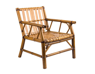 A rustic, woven bamboo and wicker chair with armrests, isolated on a white background.