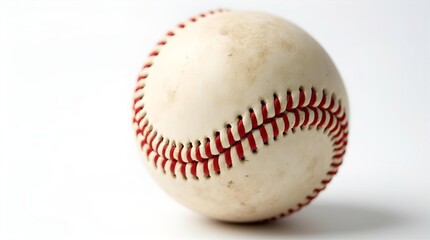 High-quality studio shot of a classic white baseball with iconic red stitching and subtle signs of use, isolated on a bright white background, perfect for sports and game visuals.