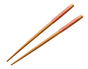 A pair of traditional wooden chopsticks with a blue tip, isolated on a white background.