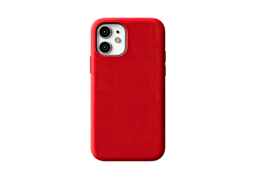 Red smartphone case.  A red,  smooth, hard phone case,  with a  white camera cutout.  Solid, vibrant color