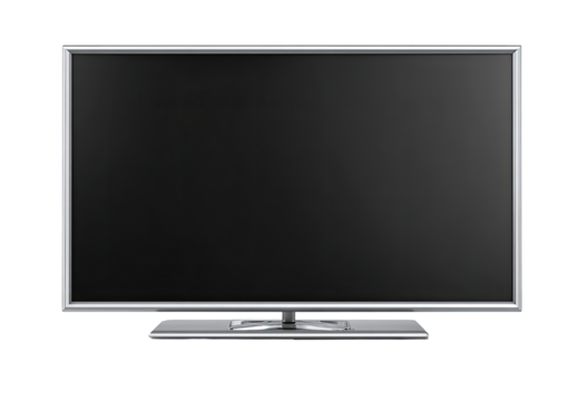 Flat-screen television with dark screen, silver bezel and base