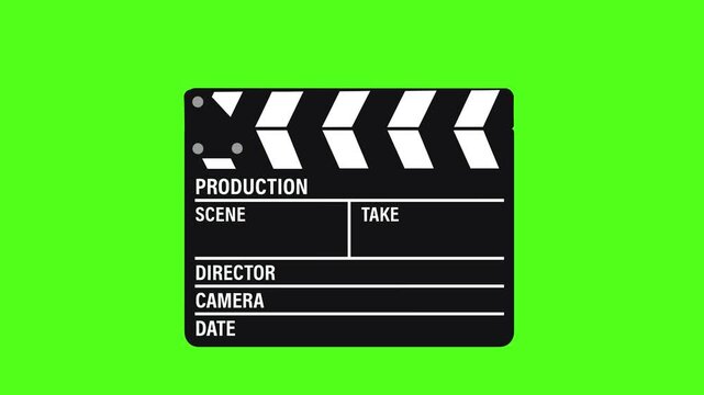 A clean and minimalist 2D vector animation of a movie clapperboard or film slate closing shut on a bright green screen. A simple graphic for video production and media projects.

