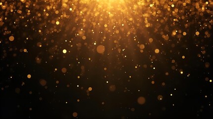 Abstract shimmering golden glitter particles falling from a bright light source on a dark black background. Elegant festive bokeh effect for luxury celebration, awards, and holiday designs.
