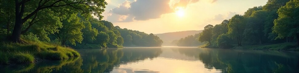 Serene landscape perfect for mindful meditation; sun-dappled forest, tranquil lake reflecting sky, peaceful scene Ideal for relaxation, wellness, and nature themes , natural, sun, earth