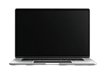 Front view of a laptop computer with a blank black screen.  Silver colored metal body
