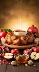 Rosh Hashanah table with round challah bread, pouring golden honey, vibrant red pomegranates, fresh apples, sweet dessert balls, wooden surface, festive holiday meal.