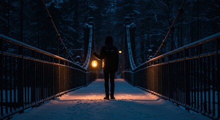 Person Walking Snowy Bridge Holding Glowing Lantern at Night