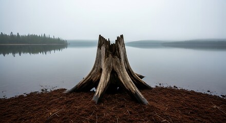 Weathered Tree Stump on Misty Lake Shoreline.