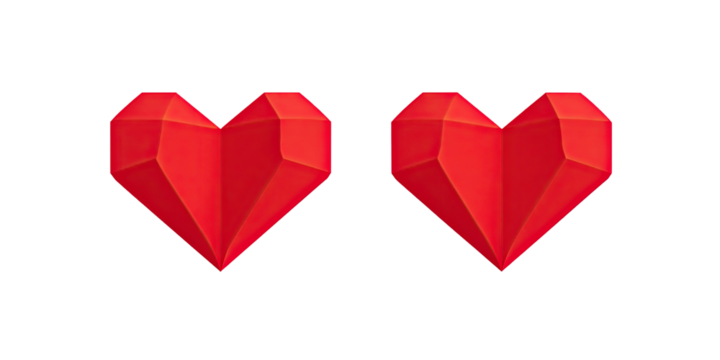 Two red, polygon-shaped hearts on black background