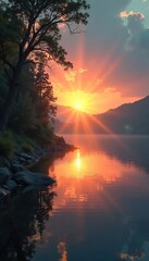 Obraz premium Serene sunrise over a tranquil lake, reflecting the peaceful and hopeful essence of faith and spiritual awakening Perfect for meditation, yoga, and religious themes , texture, zen