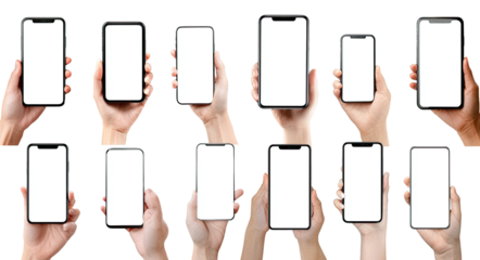Many hands holding smartphones with blank screens