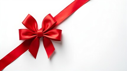 Vibrant bright red satin ribbon and bow elegantly tied diagonally on a pristine white background with ample copy space, perfect for festive holiday gifts, celebrations, and romantic occasions.
