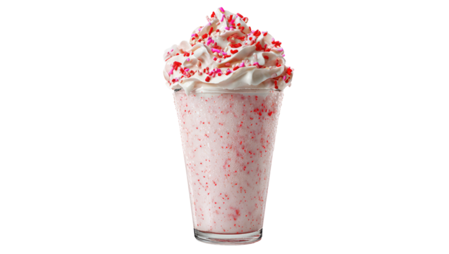 Pink strawberry milkshake topped with whipped cream and sprinkles