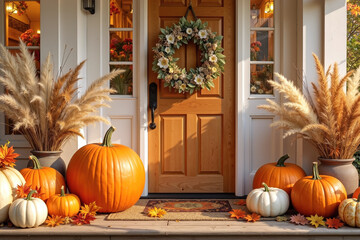A wooden front door adorned with a floral wreath, surrounded by pumpkins and pampas grass, creating a warm autumnal atmosphere on a cozy porch with a welcoming entrance and soft lighting.