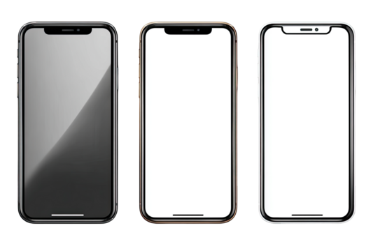 Three smartphones, each a different color (black, gold, silver), displayed vertically, showing blank screens