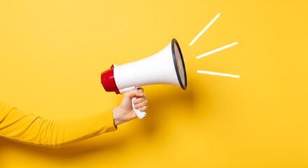Hand holding a white and red megaphone against a bright yellow background, with drawn sound waves.