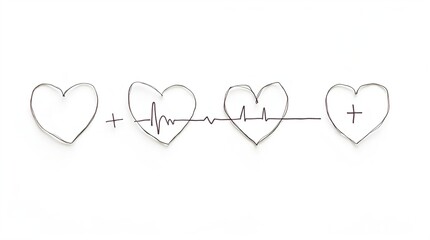 Simple hand drawn hearts with ECG heartbeat lines and plus signs on a white background. Conceptual art representing love, life, health, wellness, and emotional connection.