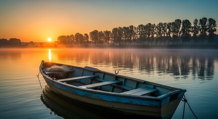 Obraz premium Tranquil Sunrise Over Calm Lake With Rowboat.