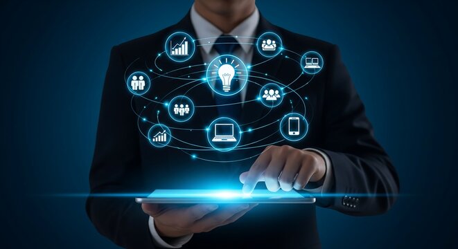 Businessman interacting with a digital interface displaying various business icons, symbolizing innovation and technology.