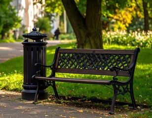Park bench and trash can in a sunny garden