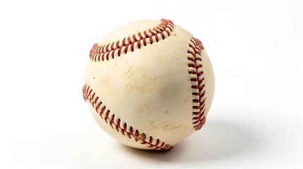 Detailed shot of a single, slightly worn baseball with iconic red stitching, isolated on a bright white background. Essential American sport game equipment for players.