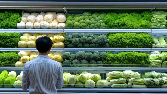 Grocery Restocker Organizing Fresh Produce in Supermarket Before Opening