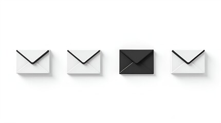 Three white envelopes and one black envelope in a minimalist row on a clean white background. Unique mail, email, or communication standing out.