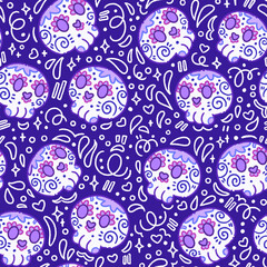 Ilustración de patrón sin fisuras de calaveras de azúcar vibrantes moradas y formas abstractas blancas con fondo morado